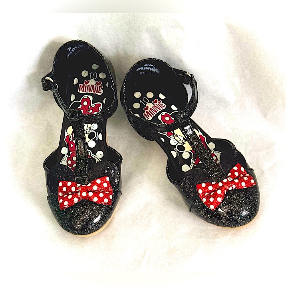 Black Patent Leather Sparkly Minnie Mouse Sandals W/ Bows